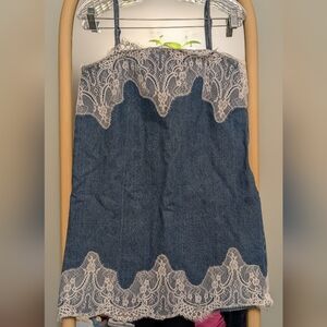 Denim Mini Dress with Lace Trim